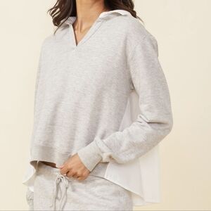 MONROW Heather Gray Poplin Mix Collar Cropped Sweatshirt with Pleated Back and C